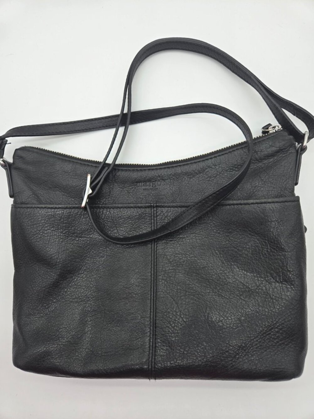 Margot New York Black Pebbled Leather Slim Crossbody Bag Silver Hardware